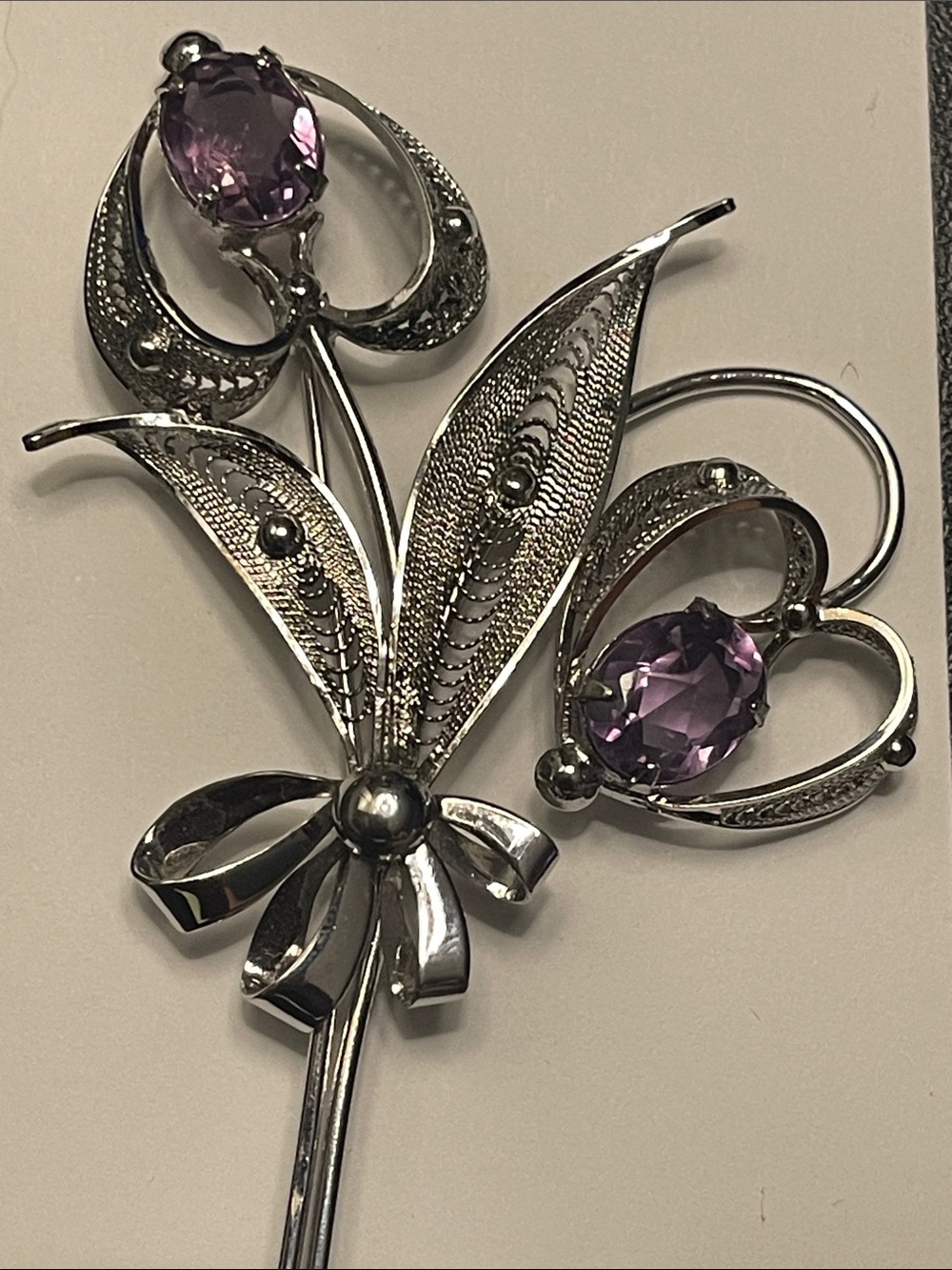 Large vintage Sorrento Sterling Filigree Double Heart Flowers & Amethyst Brooch